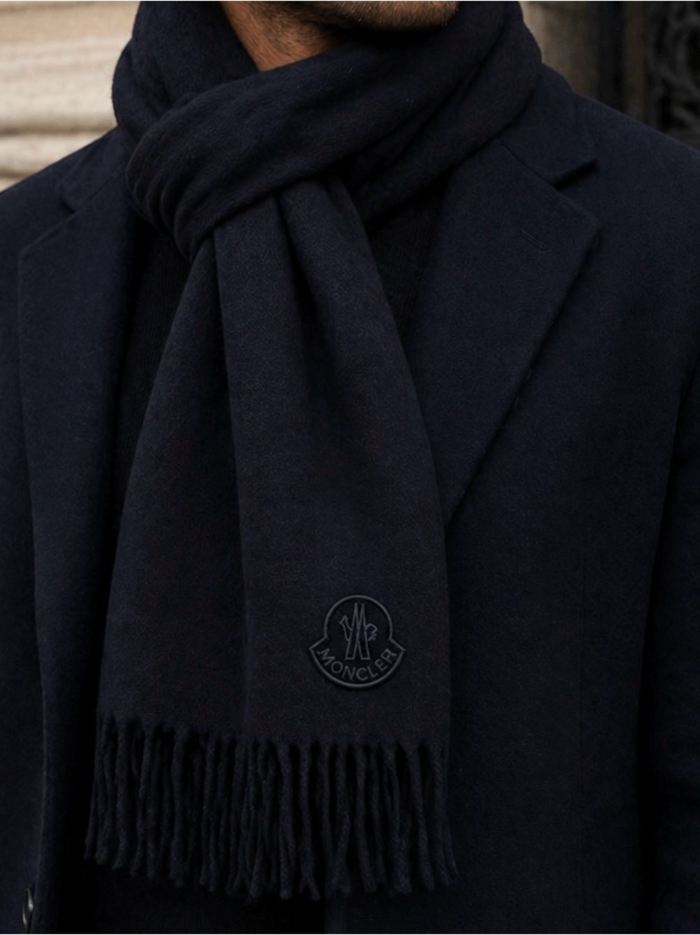 Moncler Navy Wool Fringe Rectangular Scarf- Minimalist-Luxury-Timeless-European